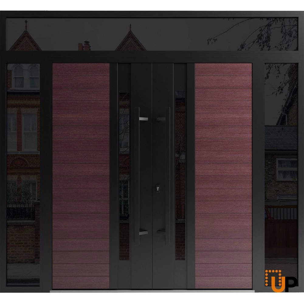Double swing metal-aluminum modern exterior door with clear-mirrored glass | Ronex 0162 Red Oak | 100 x 110 (14+72+14 x 96+14) photo#1