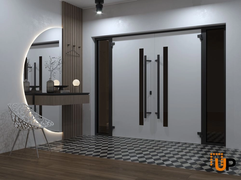 Double swing metal-aluminum modern exterior door with clear-mirrored glass | Ronex 0162 Red Oak | 104 x 80 (16+72+16 x 80) photo#4
