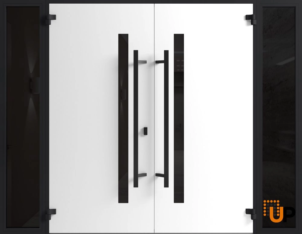 Double swing metal-aluminum modern exterior door with clear-mirrored glass | Ronex 0162 Red Oak | 104 x 96 (16+72+16 x 96) photo#2