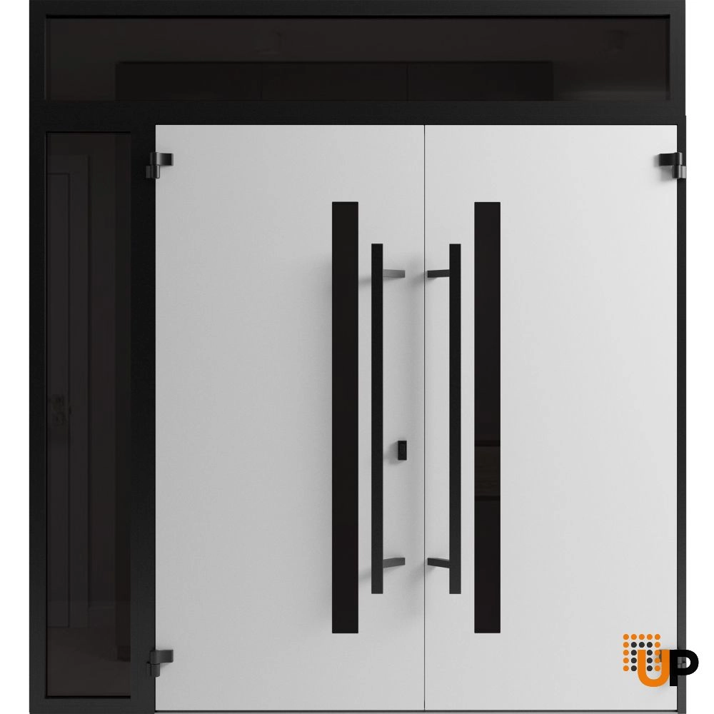 Double swing metal-aluminum modern exterior door with clear-mirrored glass | Ronex 0162 Red Oak | 84 x 96 (72+12 x 80+16) photo#2