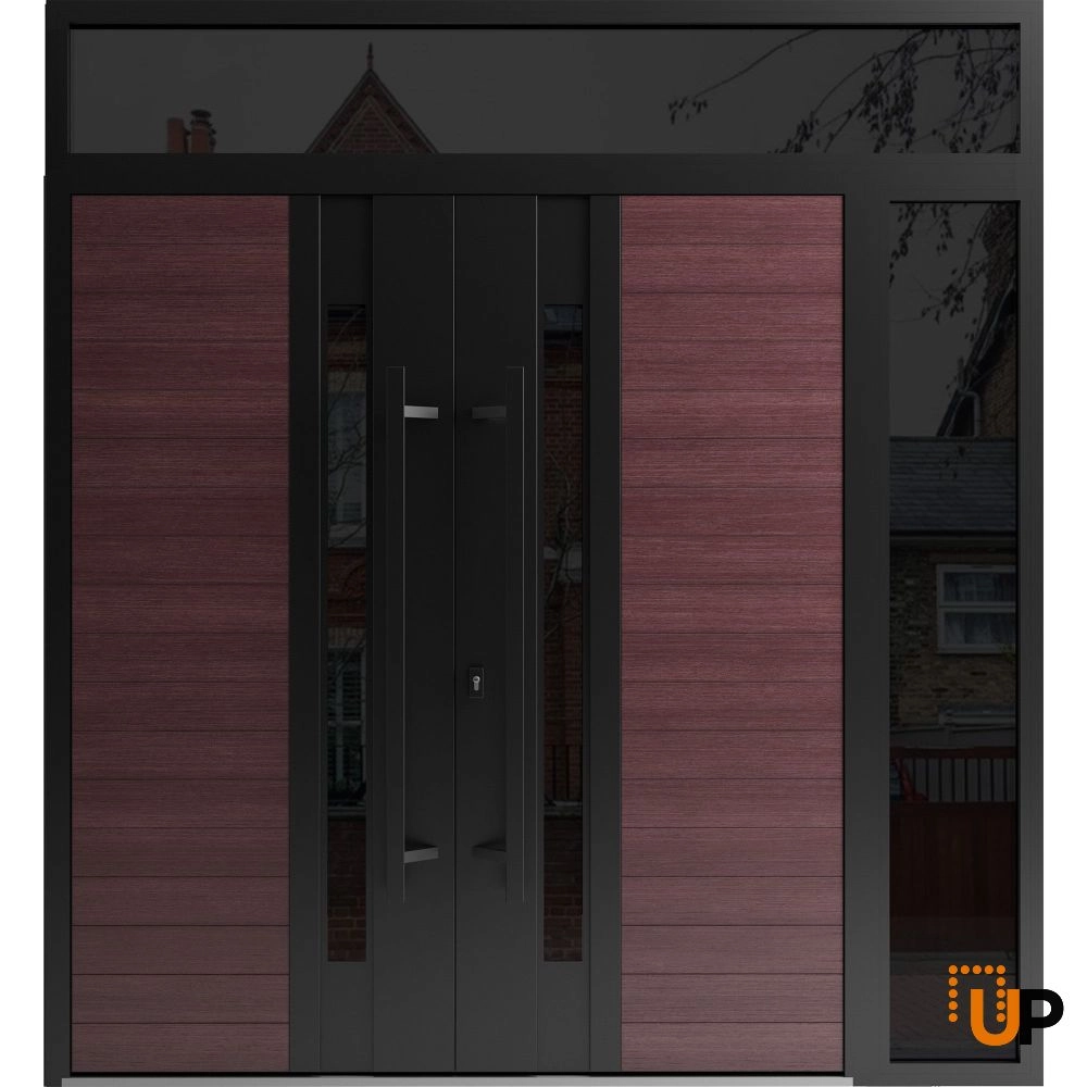 Double swing metal-aluminum modern exterior door with clear-mirrored glass | Ronex 0162 Red Oak | 84 x 96 (72+12 x 80+16) photo#1