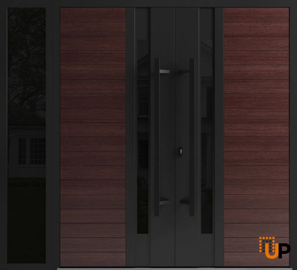 Double swing metal-aluminum modern exterior door with clear-mirrored glass | Ronex 0162 Red Oak | 84 x 96 (72+12 x 96) photo#1