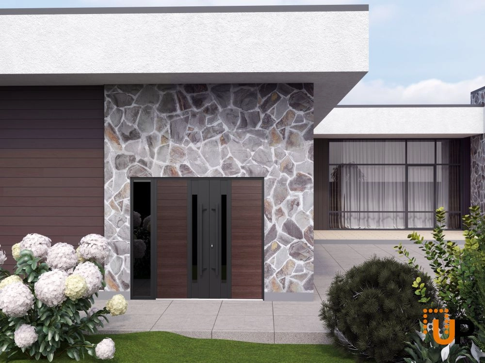 Double swing metal-aluminum modern exterior door with clear-mirrored glass | Ronex 0162 Red Oak | 84 x 96 (72+12 x 96) photo#3