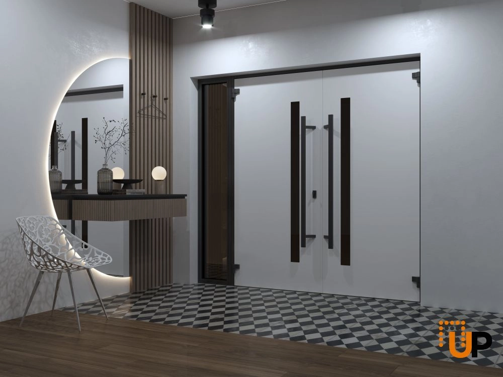 Double swing metal-aluminum modern exterior door with clear-mirrored glass | Ronex 0162 Red Oak | 86 x 80 (72+14 x 80) photo#4