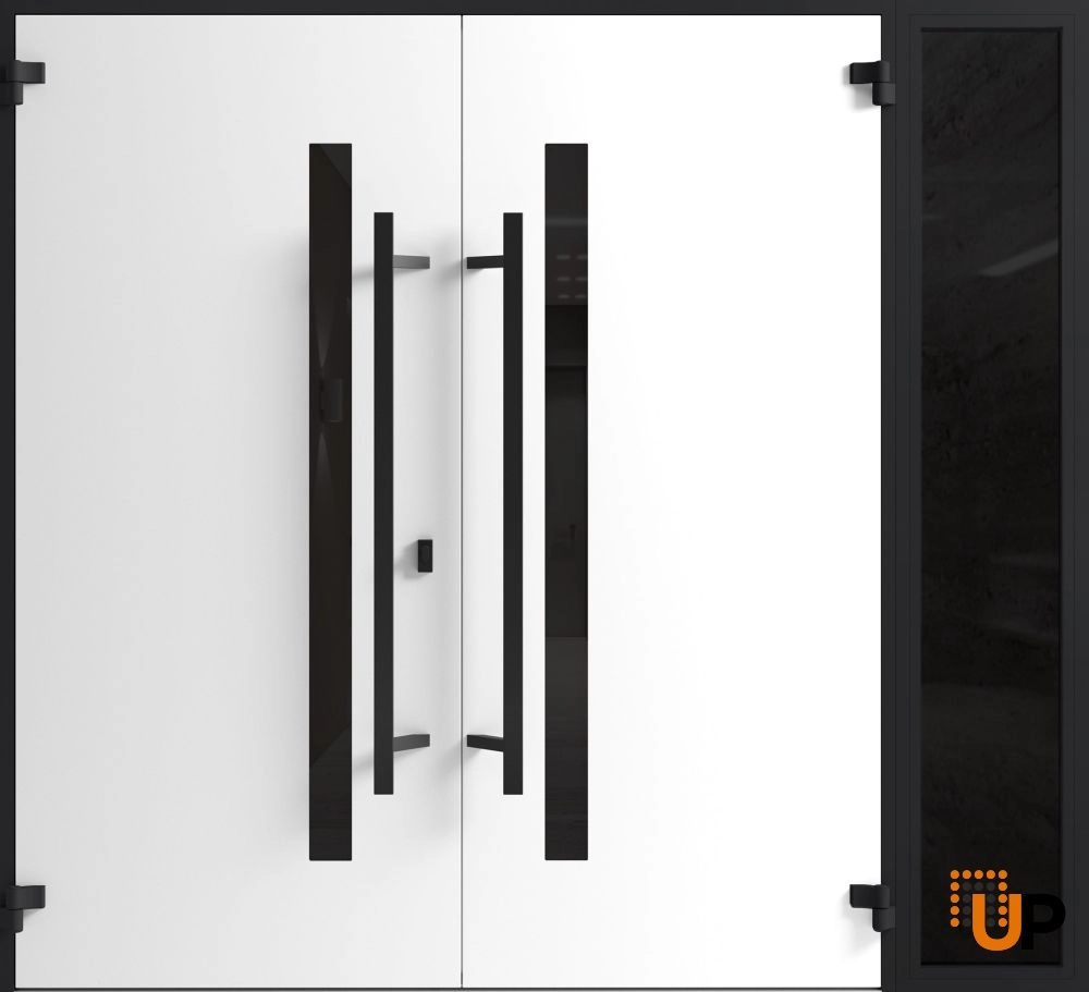 Double swing metal-aluminum modern exterior door with clear-mirrored glass | Ronex 0162 Red Oak | 88 x 80 (72+16 x 80) photo#2