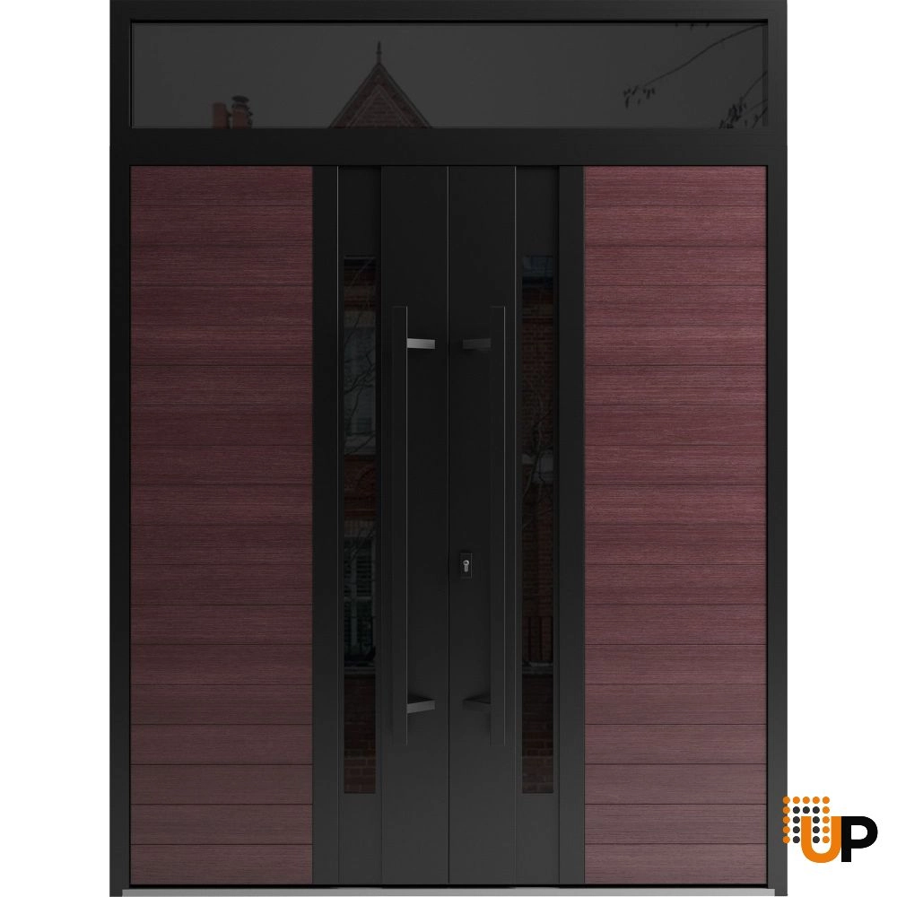 Double swing metal-aluminum modern exterior door with clear-mirrored glass | Ronex 0162 Red Oak | 72 x 92 (72 x 80+12) photo#1