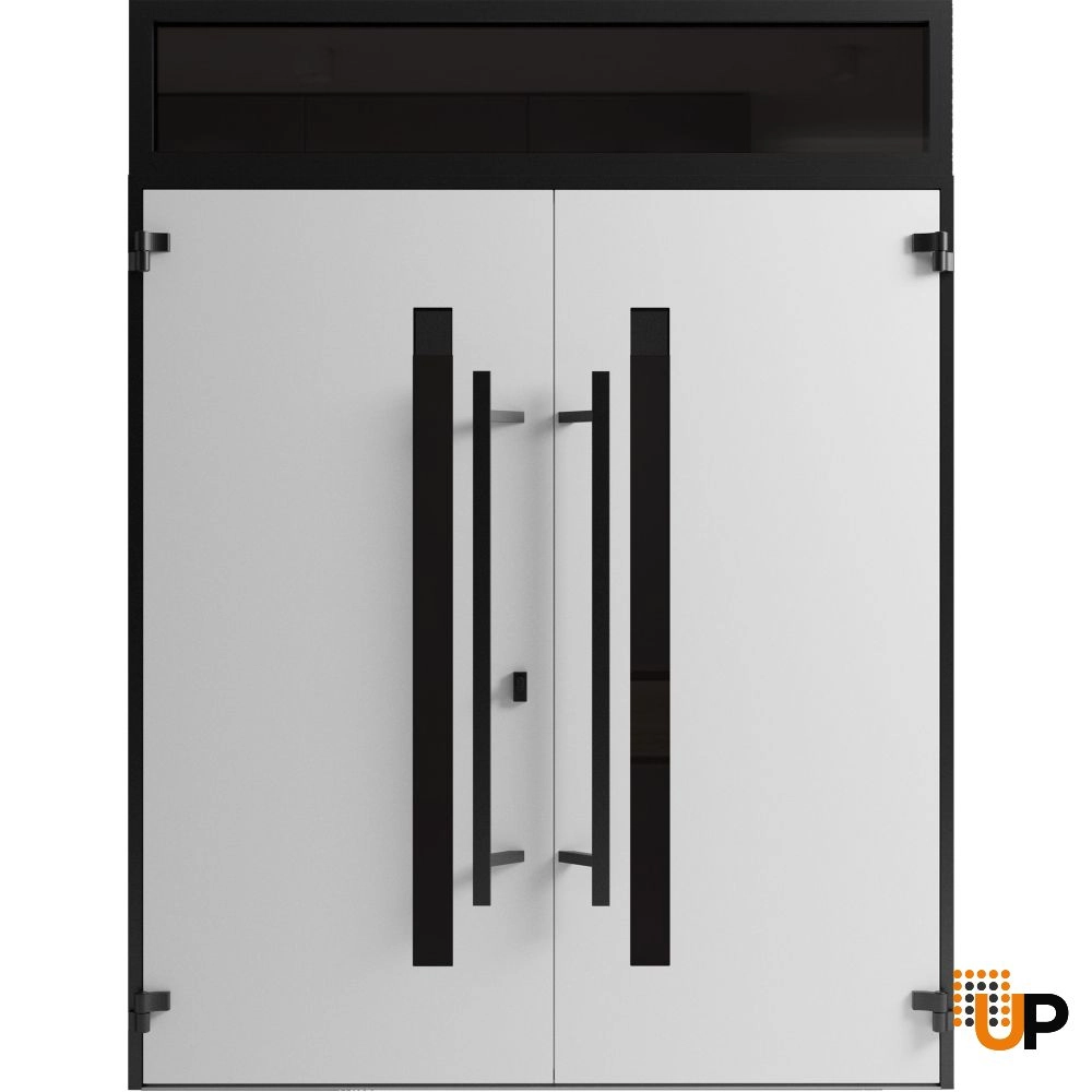 Double swing metal-aluminum modern exterior door with clear-mirrored glass | Ronex 0162 Red Oak | 72 x 92 (72 x 80+12) photo#2