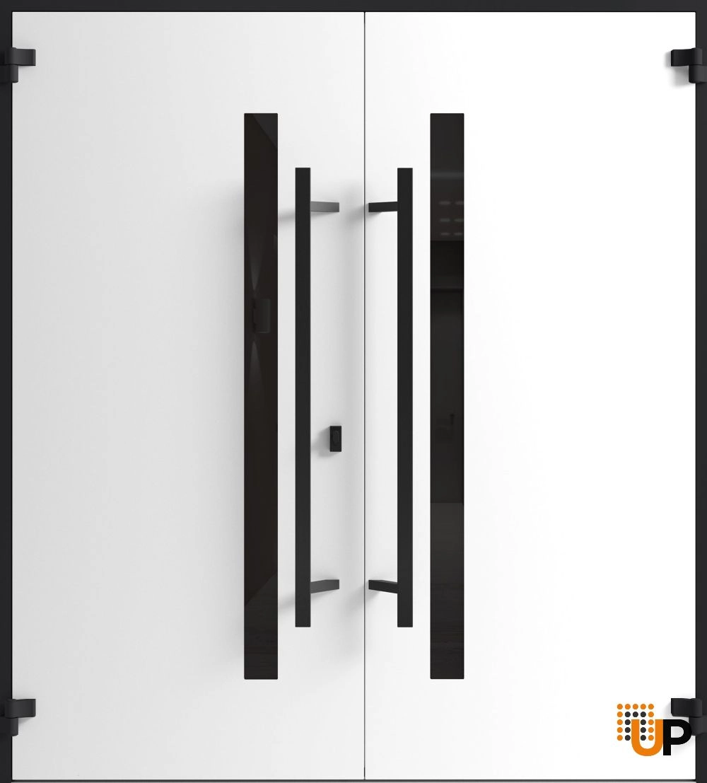 Double swing metal-aluminum modern exterior door with clear-mirrored glass | Ronex 0162 Red Oak | 72 x 96 (72 x 96) photo#2