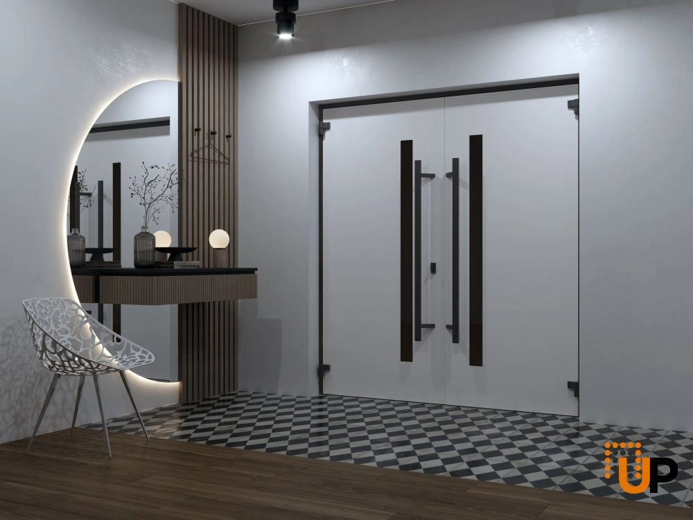 Double swing metal-aluminum modern exterior door with clear-mirrored glass | Ronex 0162 Red Oak | 72 x 96 (72 x 96) photo#4