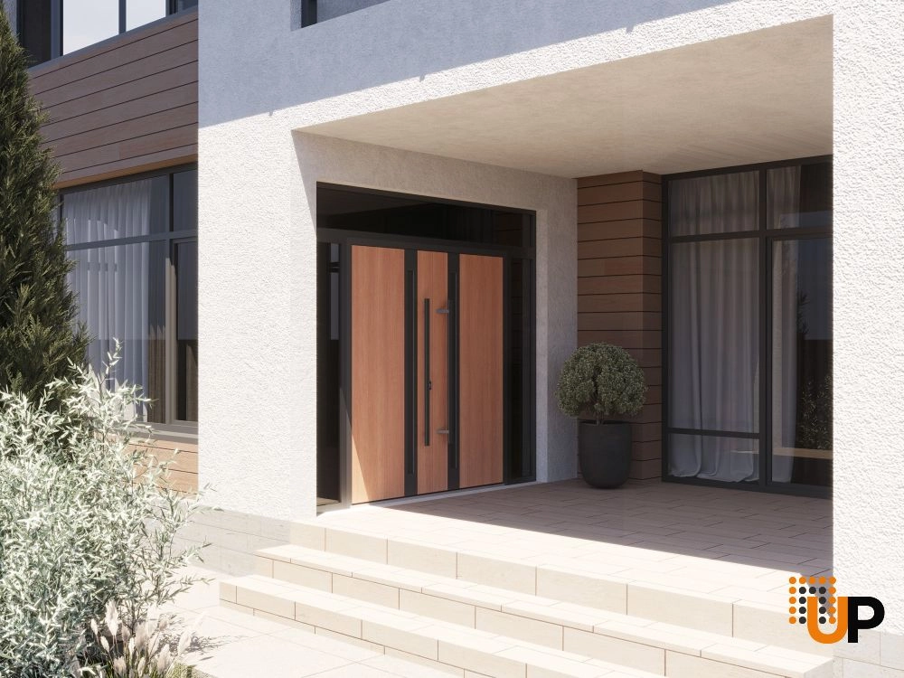 Double swing metal-aluminum modern exterior door with clear-mirrored glass | Ronex 1033 Teak | 96 x 92 (12+72+12 x 80+12) photo#3