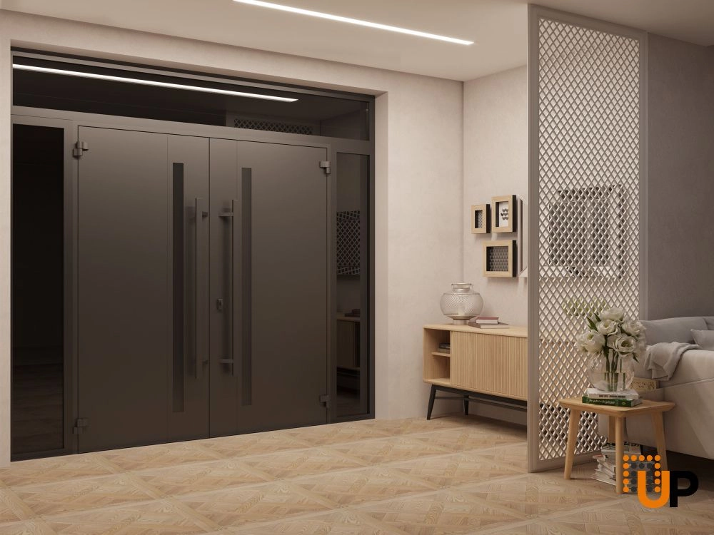 Double swing metal-aluminum modern exterior door with clear-mirrored glass | Ronex 1033 Teak | 96 x 92 (12+72+12 x 80+12) photo#4