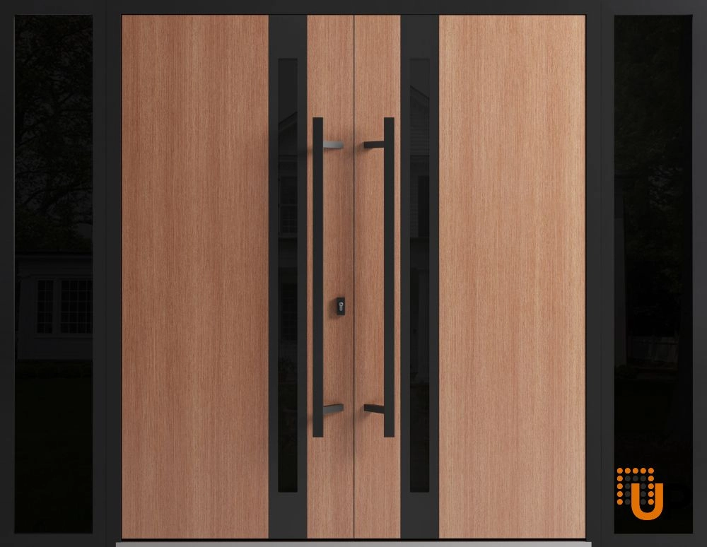 Double swing metal-aluminum modern exterior door with clear-mirrored glass | Ronex 1033 Teak | 100 x 96 (14+72+14 x 96) photo#1