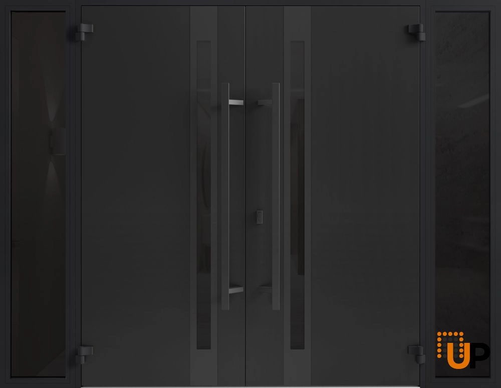 Double swing metal-aluminum modern exterior door with clear-mirrored glass | Ronex 1033 Teak | 100 x 96 (14+72+14 x 96) photo#2