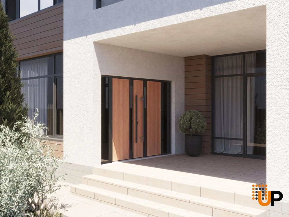 Double swing metal-aluminum modern exterior door with clear-mirrored glass | Ronex 1033 Teak | 100 x 96 (14+72+14 x 96) photo#3
