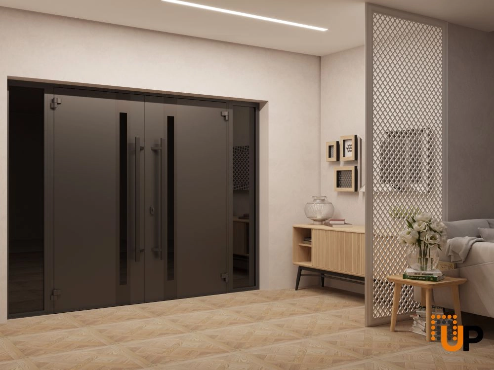 Double swing metal-aluminum modern exterior door with clear-mirrored glass | Ronex 1033 Teak | 100 x 96 (14+72+14 x 96) photo#4