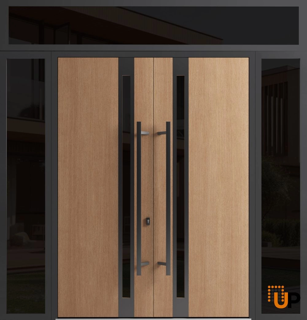 Double swing metal-aluminum modern exterior door with clear-mirrored glass | Ronex 1033 Teak | 104 x 112 (16+72+16 x 96+16) photo#2