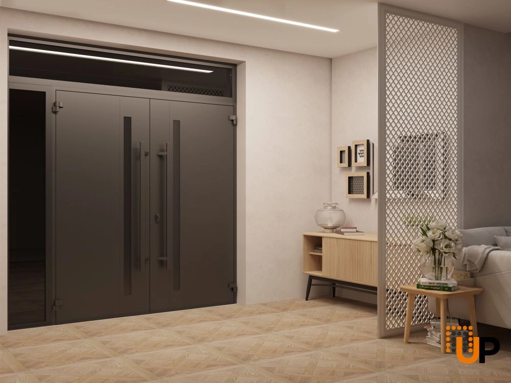 Double swing metal-aluminum modern exterior door with clear-mirrored glass | Ronex 1033 Teak | 86 x 96 (72+14 x 80+16) photo#4