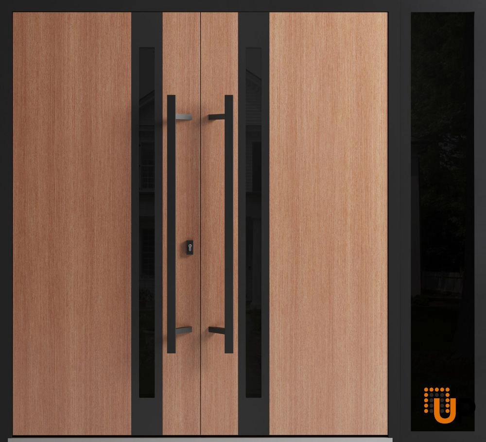 Double swing metal-aluminum modern exterior door with clear-mirrored glass | Ronex 1033 Teak | 86 x 96 (72+14 x 96) photo#1