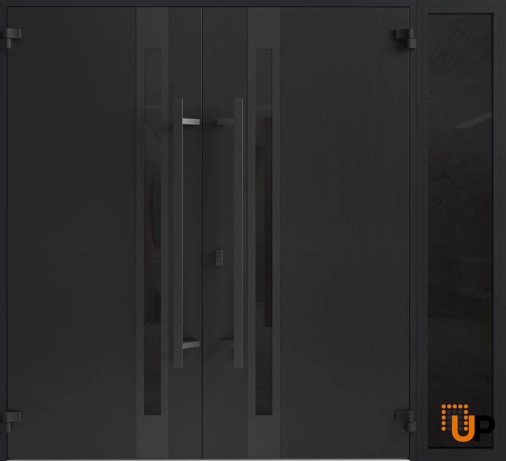Double swing metal-aluminum modern exterior door with clear-mirrored glass | Ronex 1033 Teak | 86 x 96 (72+14 x 96) photo#2