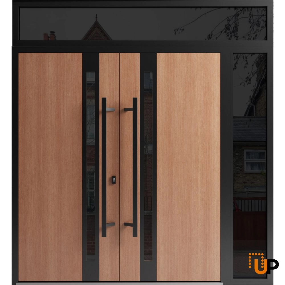 Double swing metal-aluminum modern exterior door with clear-mirrored glass | Ronex 1033 Teak | 86 x 108 (72+14 x 96+12) photo#1