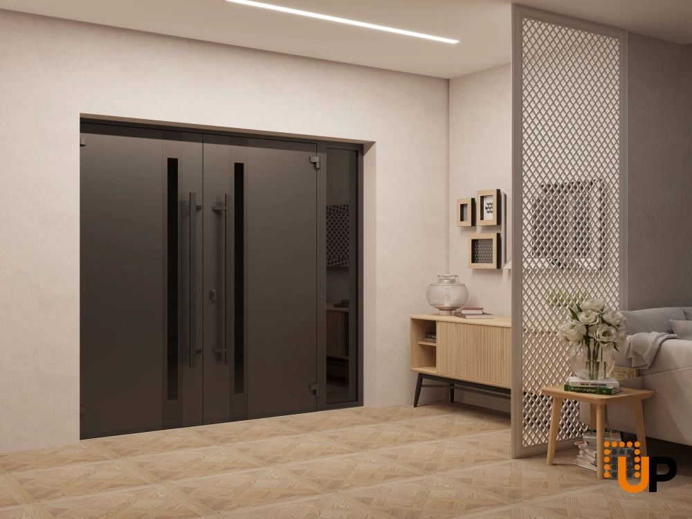 Double swing metal-aluminum modern exterior door with clear-mirrored glass | Ronex 1033 Teak | 88 x 80 (72+16 x 80) photo#4