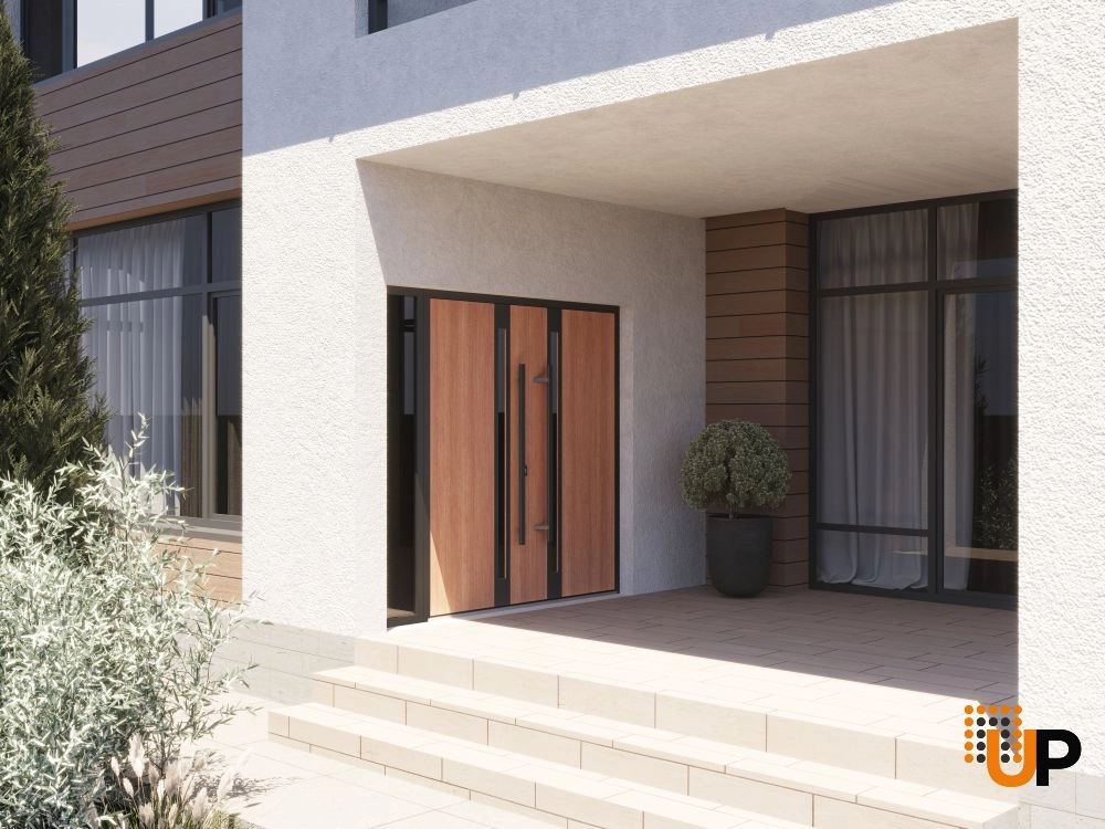 Double swing metal-aluminum modern exterior door with clear-mirrored glass | Ronex 1033 Teak | 88 x 96 (72+16 x 96) photo#3
