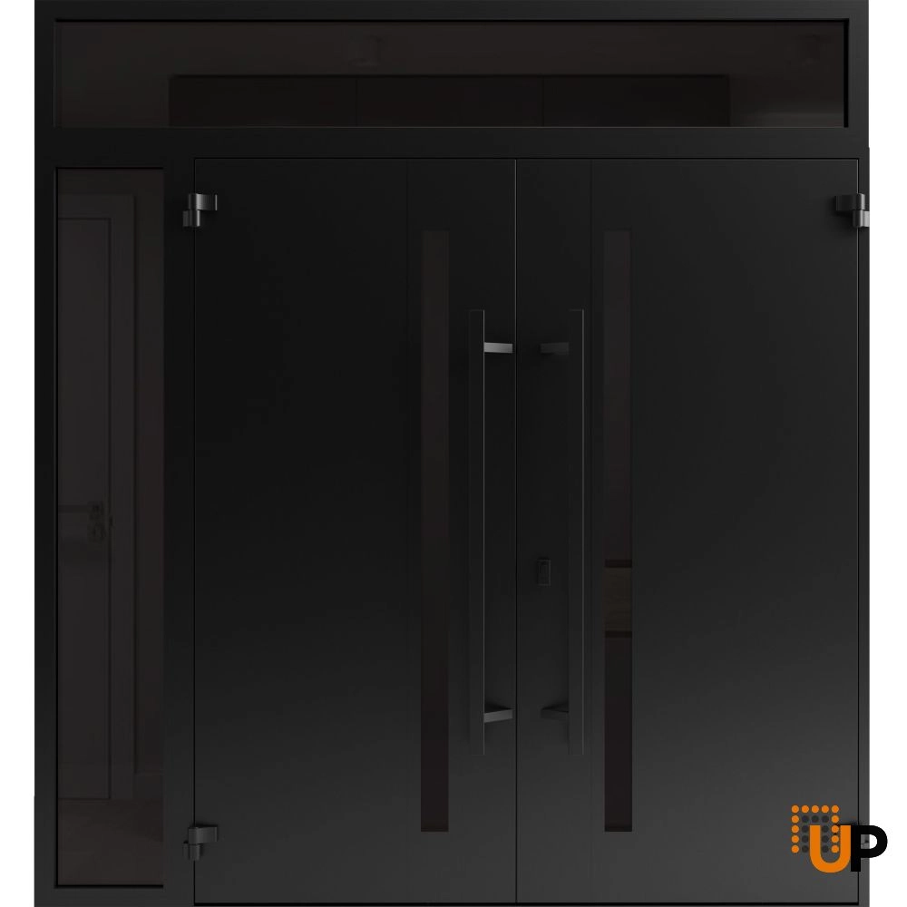 Double swing metal-aluminum modern exterior door with clear-mirrored glass | Ronex 1033 Teak | 88 x 108 (72+16 x 96+12) photo#2