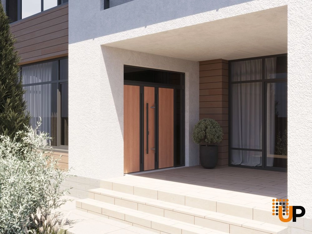 Double swing metal-aluminum modern exterior door with clear-mirrored glass | Ronex 1033 Teak | 88 x 108 (72+16 x 96+12) photo#3