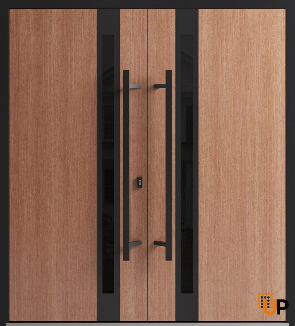 Double swing metal-aluminum modern exterior door with clear-mirrored glass | Ronex 1033 Teak | 60 x 80 (60 x 80) photo#1