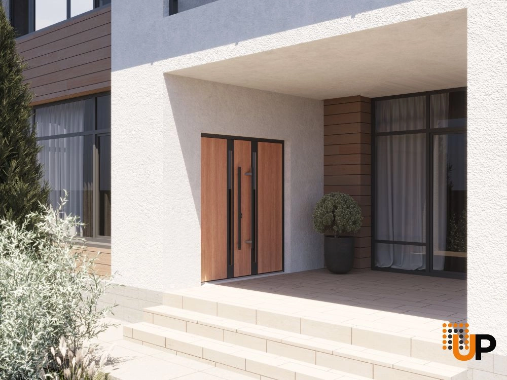Double swing metal-aluminum modern exterior door with clear-mirrored glass | Ronex 1033 Teak | 60 x 80 (60 x 80) photo#3