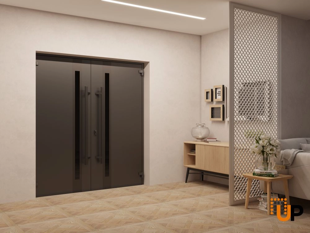 Double swing metal-aluminum modern exterior door with clear-mirrored glass | Ronex 1033 Teak | 60 x 80 (60 x 80) photo#4