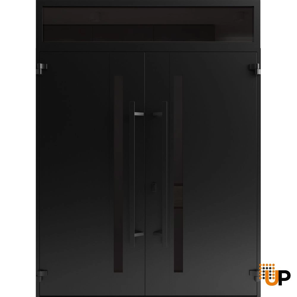 Double swing metal-aluminum modern exterior door with clear-mirrored glass | Ronex 1033 Teak | 72 x 92 (72 x 80+12) photo#2