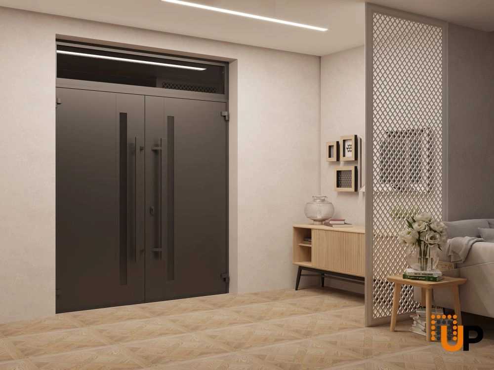 Double swing metal-aluminum modern exterior door with clear-mirrored glass | Ronex 1033 Teak | 72 x 108 (72 x 96+12) photo#4