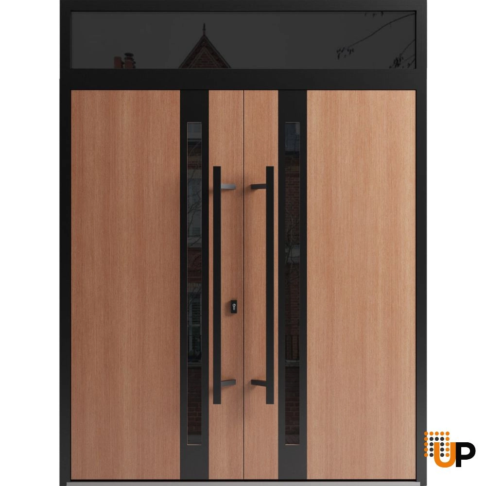 Double swing metal-aluminum modern exterior door with clear-mirrored glass | Ronex 1033 Teak | 72 x 112 (72 x 96+16) photo#1