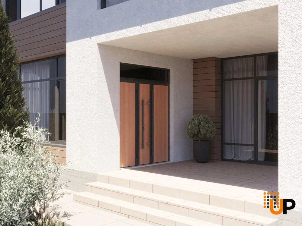 Double swing metal-aluminum modern exterior door with clear-mirrored glass | Ronex 1033 Teak | 72 x 112 (72 x 96+16) photo#3