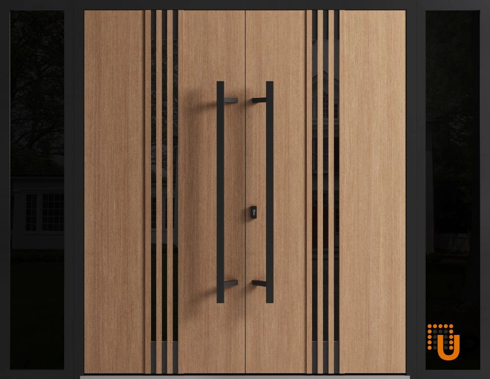 Double swing metal-aluminum modern exterior door with clear-mirrored glass | Ronex 1055 Teak | 96 x 80 (12+72+12 x 80) photo#1