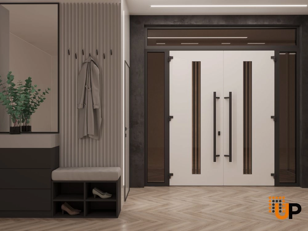 Double swing metal-aluminum modern exterior door with clear-mirrored glass | Ronex 1055 Teak | 96 x 96 (12+72+12 x 80+16) photo#4