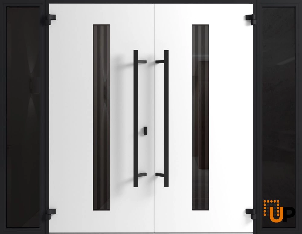 Double swing metal-aluminum modern exterior door with clear-mirrored glass | Ronex 1055 Teak | 96 x 96 (12+72+12 x 96) photo#2