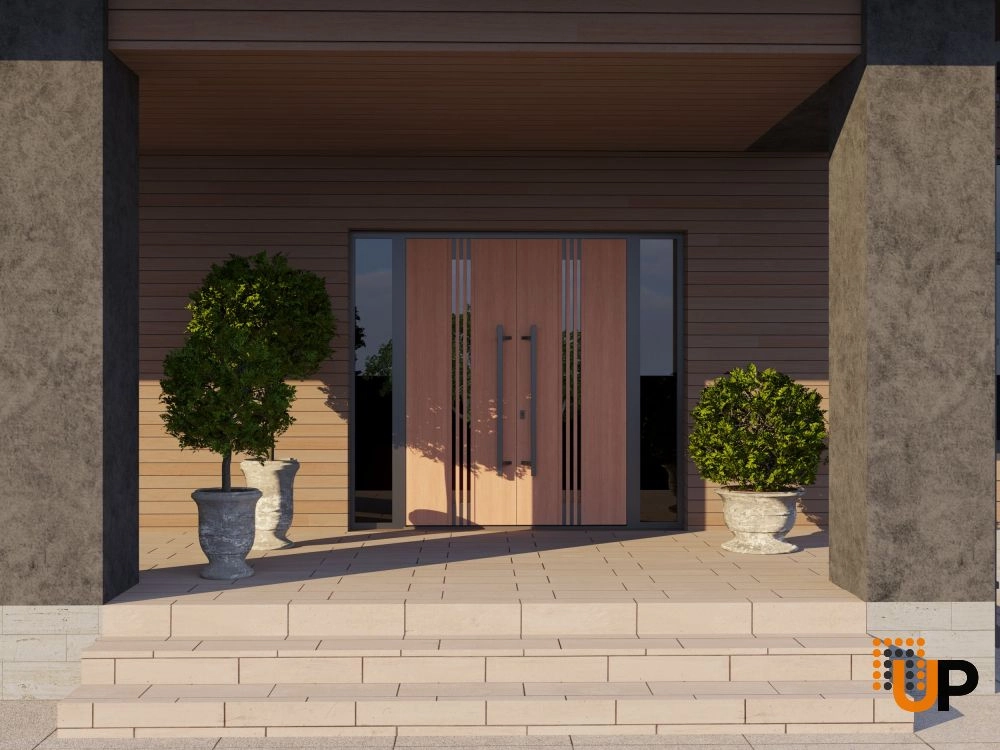 Double swing metal-aluminum modern exterior door with clear-mirrored glass | Ronex 1055 Teak | 100 x 80 (14+72+14 x 80) photo#3