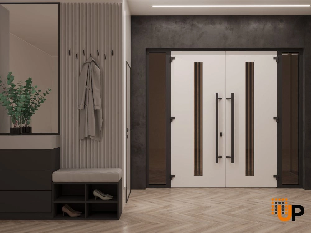 Double swing metal-aluminum modern exterior door with clear-mirrored glass | Ronex 1055 Teak | 100 x 80 (14+72+14 x 80) photo#4