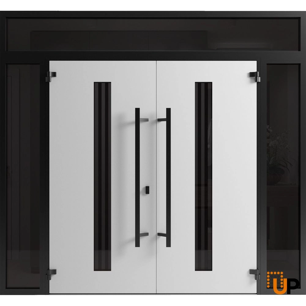 Double swing metal-aluminum modern exterior door with clear-mirrored glass | Ronex 1055 Teak | 100 x 96 (14+72+14 x 80+16) photo#2