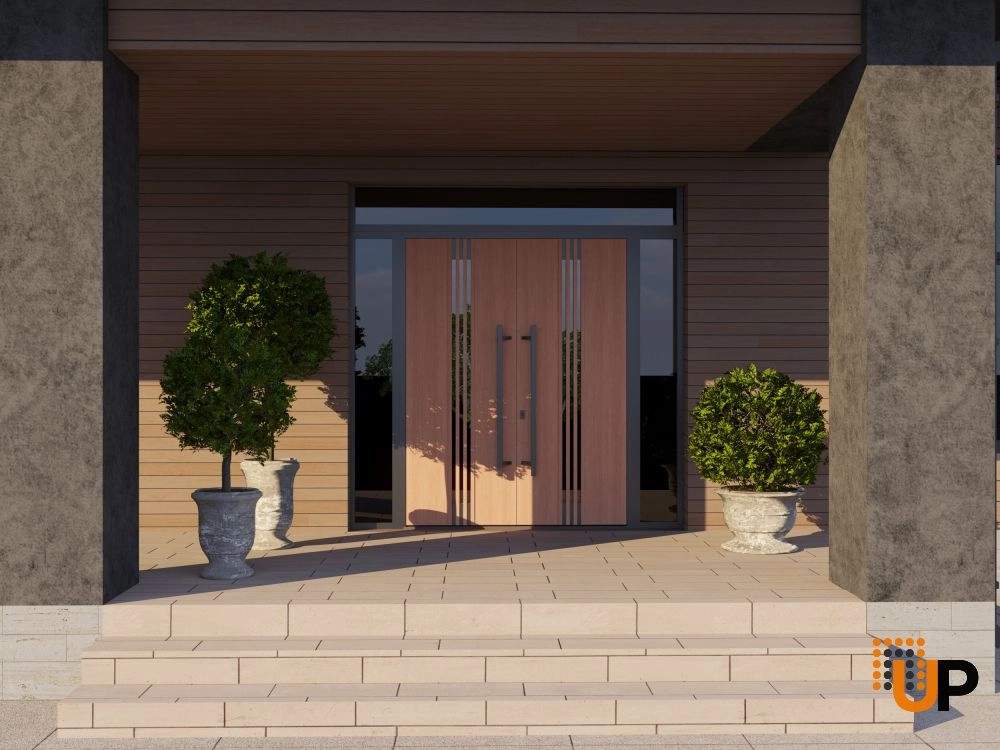 Double swing metal-aluminum modern exterior door with clear-mirrored glass | Ronex 1055 Teak | 100 x 96 (14+72+14 x 80+16) photo#3