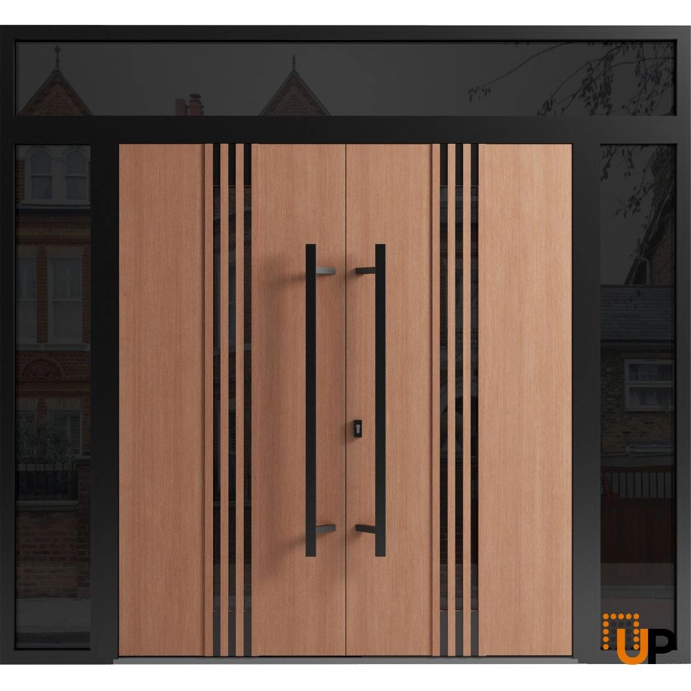 Double swing metal-aluminum modern exterior door with clear-mirrored glass | Ronex 1055 Teak | 104 x 96 (16+72+16 x 80+16) photo#1
