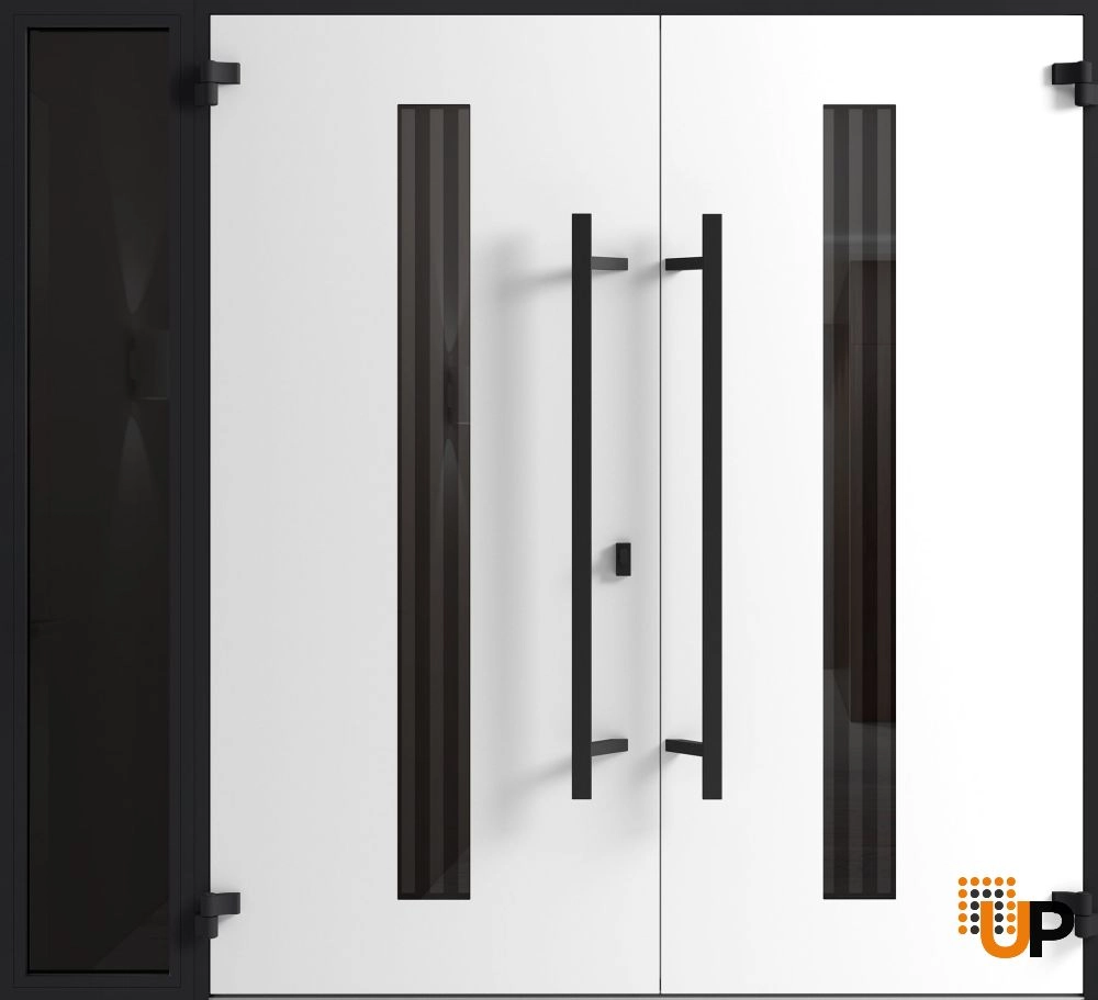Double swing metal-aluminum modern exterior door with clear-mirrored glass | Ronex 1055 Teak | 86 x 96 (72+14 x 96) photo#2