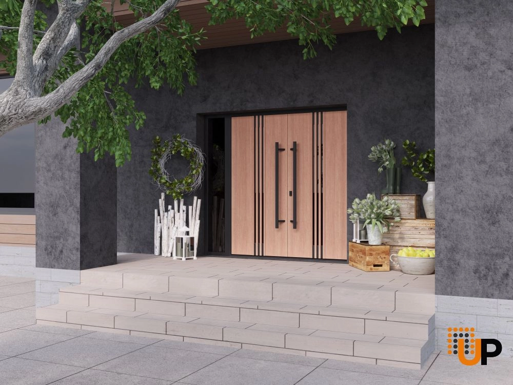 Double swing metal-aluminum modern exterior door with clear-mirrored glass | Ronex 1055 Teak | 88 x 80 (72+16 x 80) photo#3