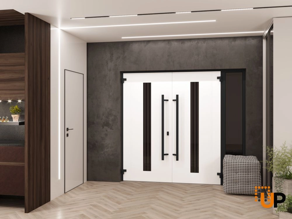 Double swing metal-aluminum modern exterior door with clear-mirrored glass | Ronex 1055 Teak | 88 x 80 (72+16 x 80) photo#4