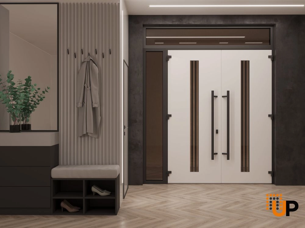 Double swing metal-aluminum modern exterior door with clear-mirrored glass | Ronex 1055 Teak | 88 x 94 (72+16 x 80+14) photo#4