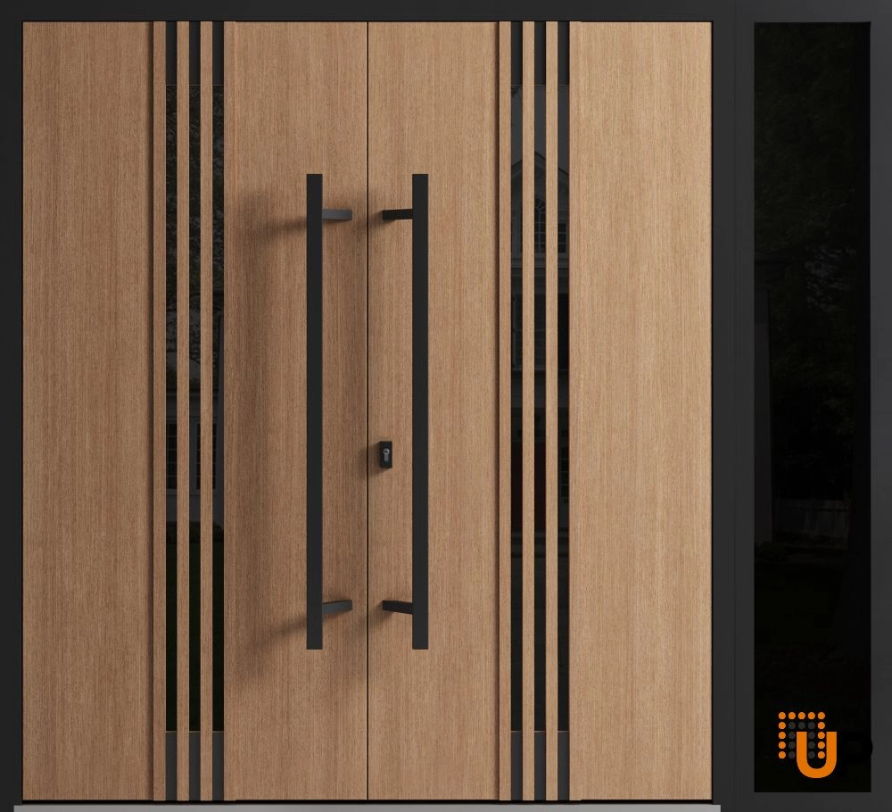 Double swing metal-aluminum modern exterior door with clear-mirrored glass | Ronex 1055 Teak | 88 x 96 (72+16 x 96) photo#1