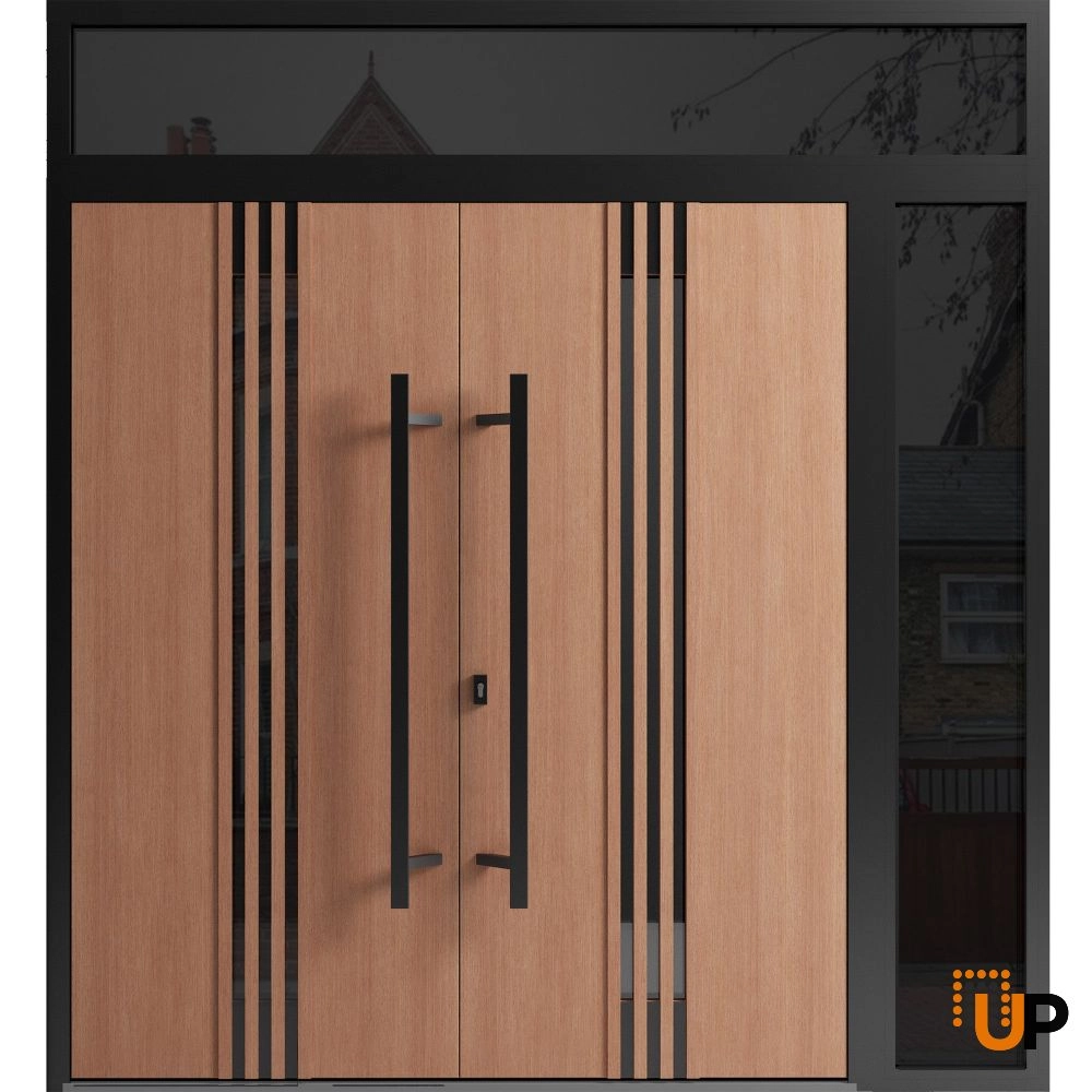 Double swing metal-aluminum modern exterior door with clear-mirrored glass | Ronex 1055 Teak | 88 x 108 (72+16 x 96+12) photo#1
