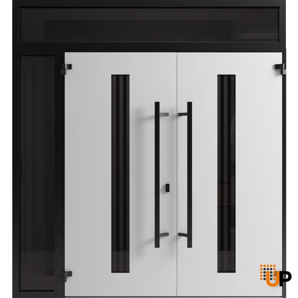 Double swing metal-aluminum modern exterior door with clear-mirrored glass | Ronex 1055 Teak | 88 x 110 (72+16 x 96+14) photo#2